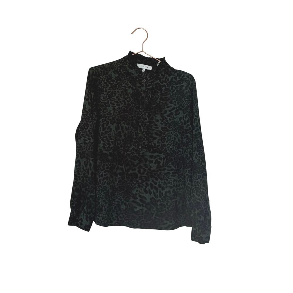 Lark & Ro Dark Green and Black Animal Print Blouse ruffle neck size 14